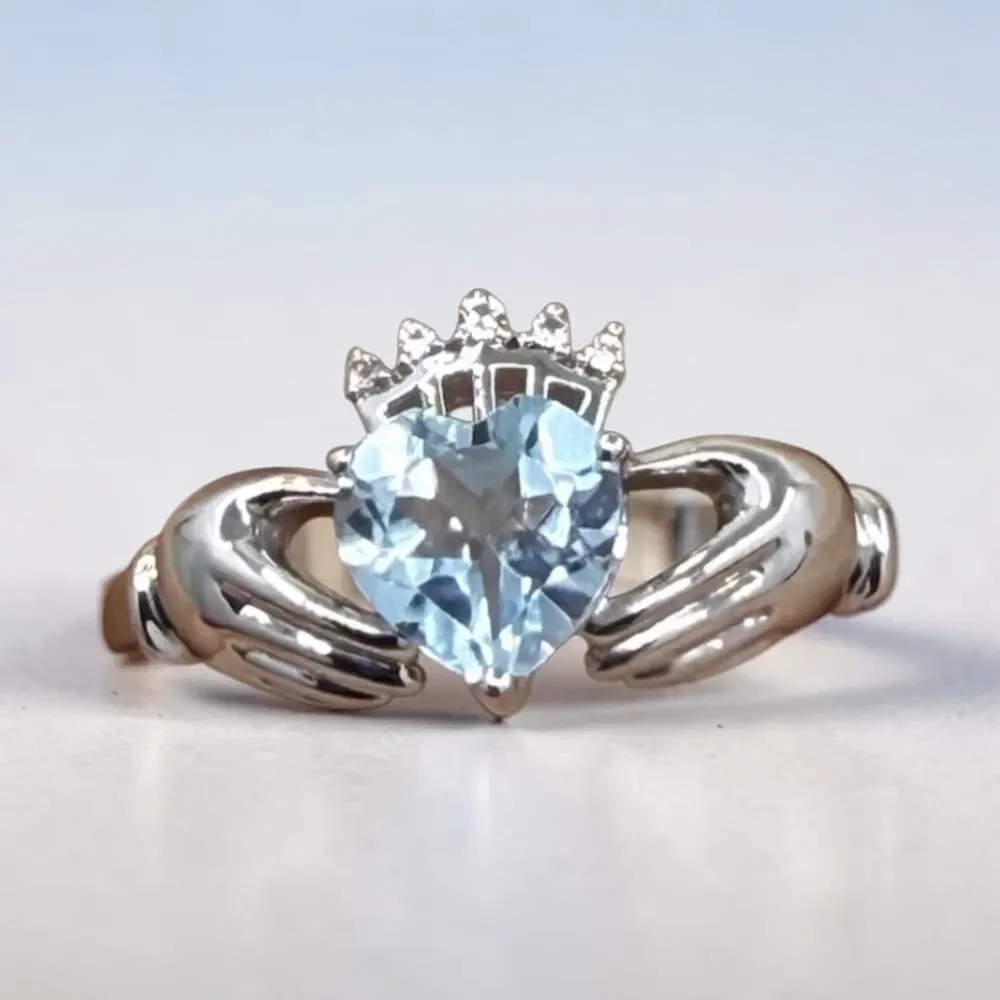 Blue Topaz Diamond Claddagh Ring 925 Sterling Silver Size 7 Love Loyalty Crown